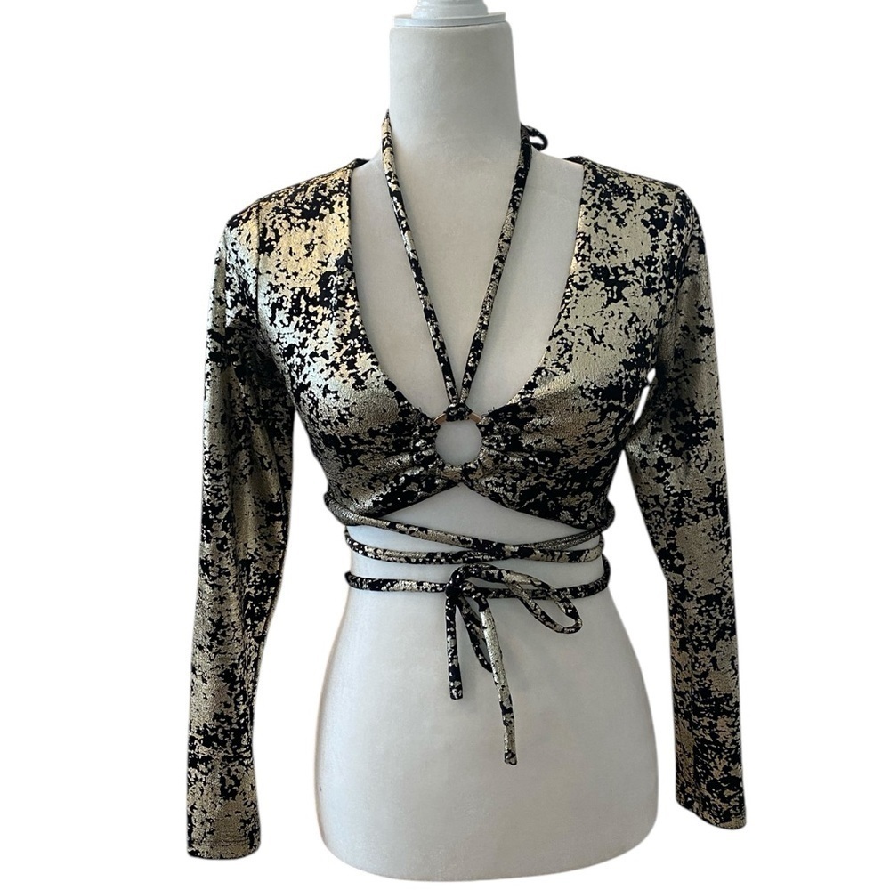Meraki Womens Metallic Velvet Long Sleeve Cropped Top Size XS Clubbing Party